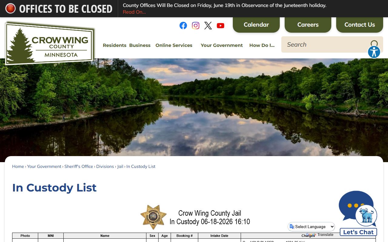 Crow Wing County in custody list for inmate population search
