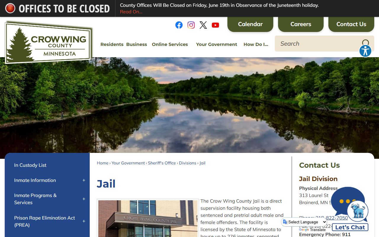 Crow Wing County Jail overview for inmate population lookup