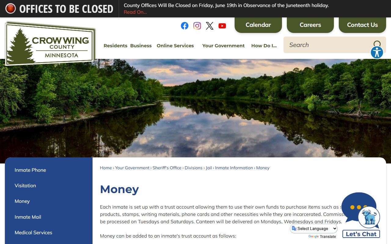 Crow Wing County Jail inmate money and Inmate Canteen options