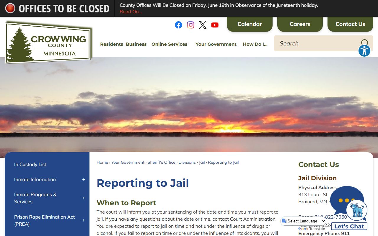 Crow Wing County Jail reporting instructions for sentenced inmates