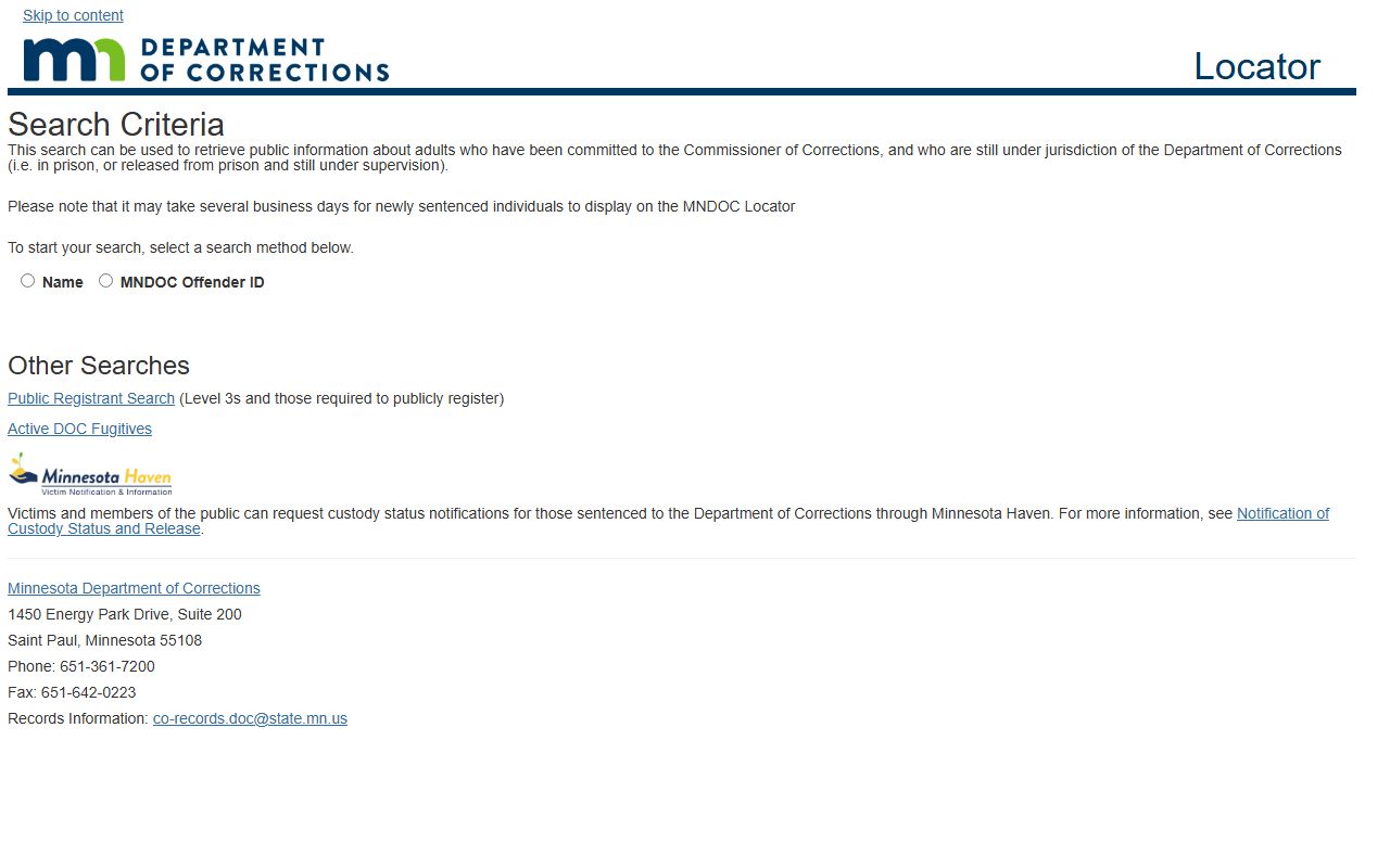 Minnesota DOC Locator search page for sentenced state prisoners